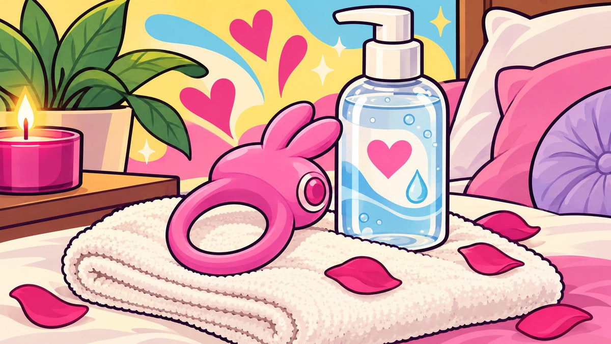 Ilustración de un anillo vibrador flexible de silicona sobre una toalla limpia junto a un frasco de lubricante con corazón, sin personas.