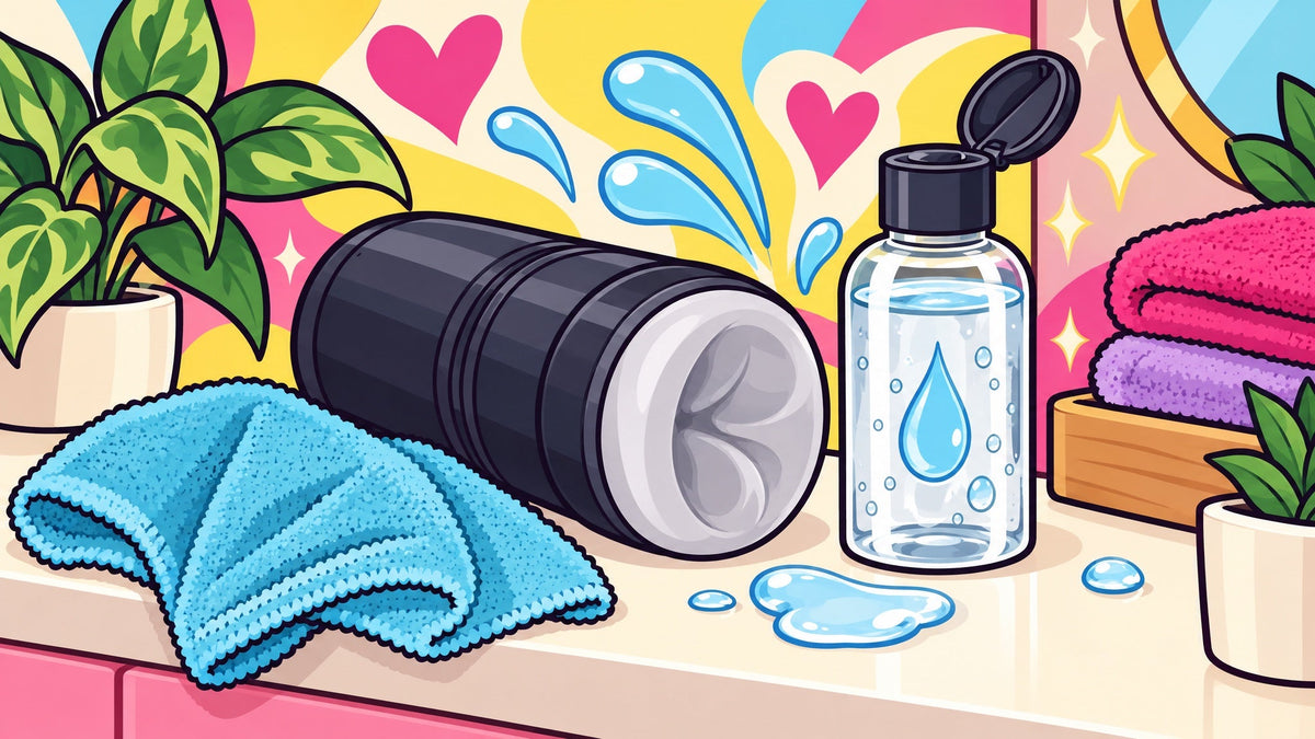 Ilustración editorial sobre cómo usar un masturbador masculino paso a paso: lubricación presión y limpieza, sin personas.