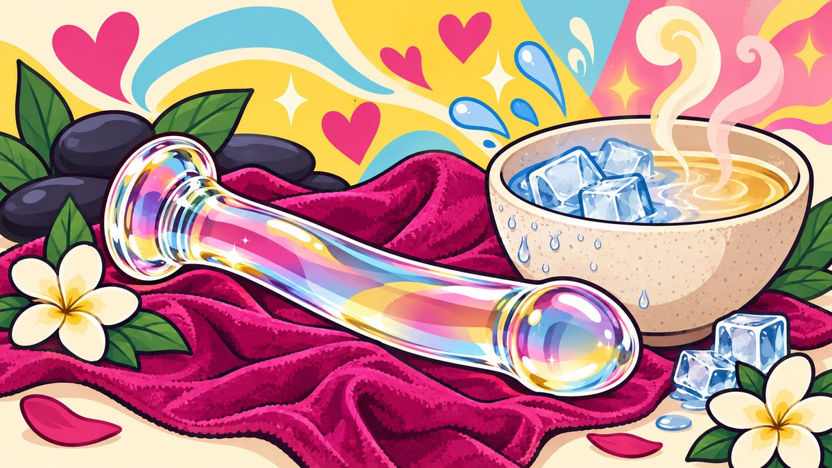 Ilustración de un dildo de vidrio de borosilicato sobre terciopelo junto a cuencos con hielo y vapor tibio para juegos de temperatura, sin personas.