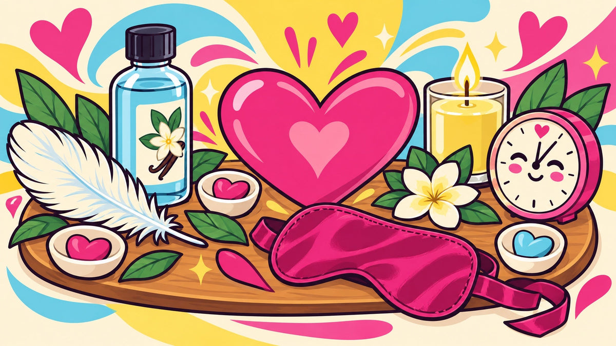 Ilustración de una bandeja con pluma, aceite de masaje, vela, antifaz y un corazón grande en el centro.