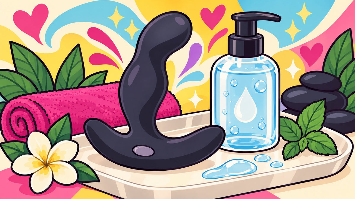 Ilustración de un estimulador prostático ergonómico de silicona con base ancha de seguridad junto a un frasco de lubricante íntimo, sin personas.