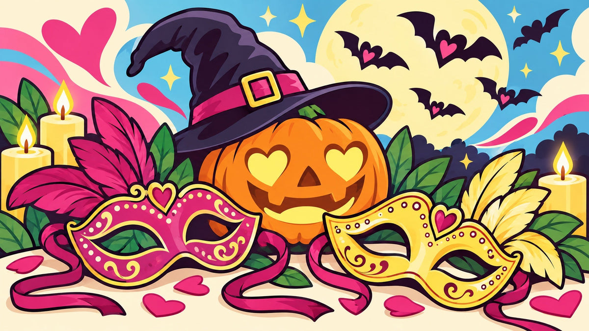 Ilustración de dos antifaces de fiesta, una calabaza con ojos de corazón, un sombrero de bruja y murciélagos.