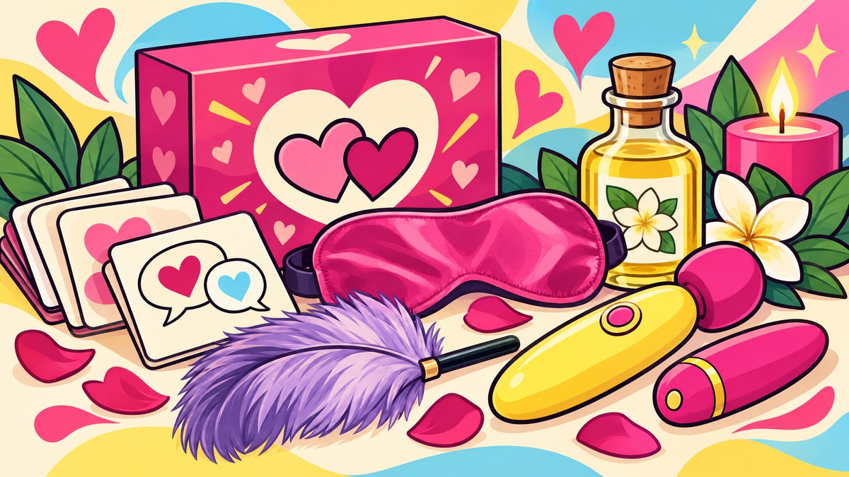 Ilustración de una caja de juegos de pareja con tarjetas de preguntas, antifaz de satín, pluma sensorial y aceite de masaje, sin personas.