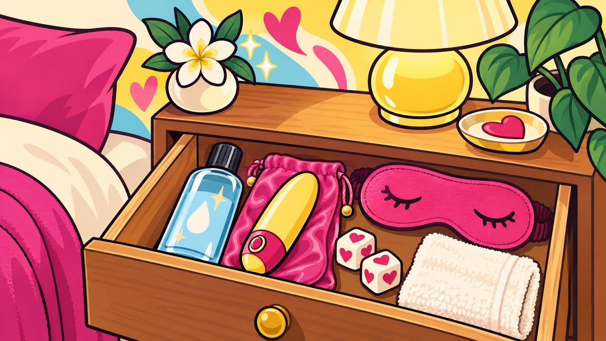 Ilustración de un cajón de mesa de noche con un kit ordenado: lubricante, bala vibradora en su bolsa, dados, antifaz y toalla.