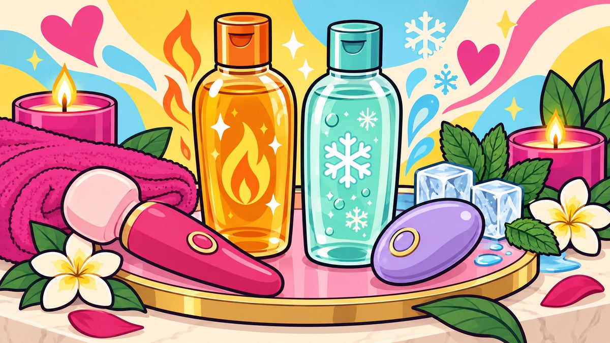 Ilustración editorial sobre lubricante con efecto calor o frío: qué ingredientes llevan y cómo probarlos en la piel, sin personas.