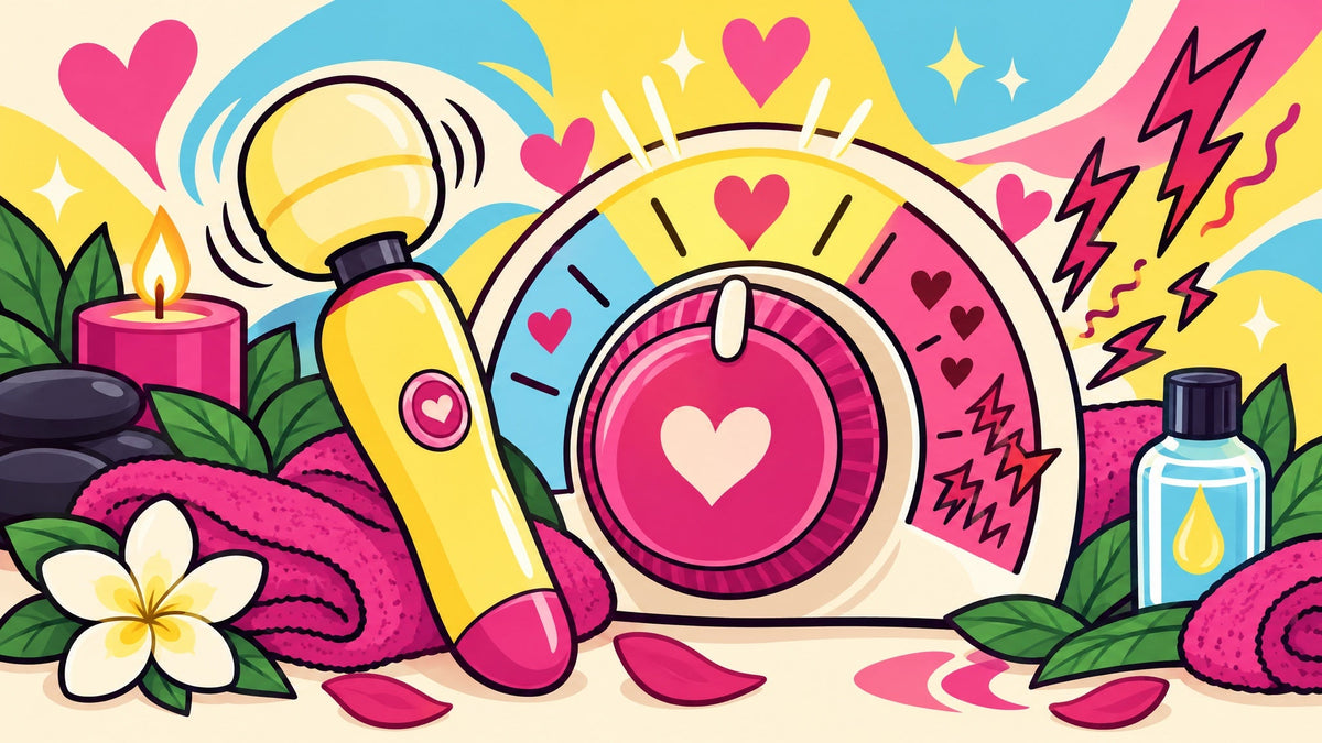 Ilustración de una perilla de intensidad con corazones puesta en el punto medio junto a un masajeador.