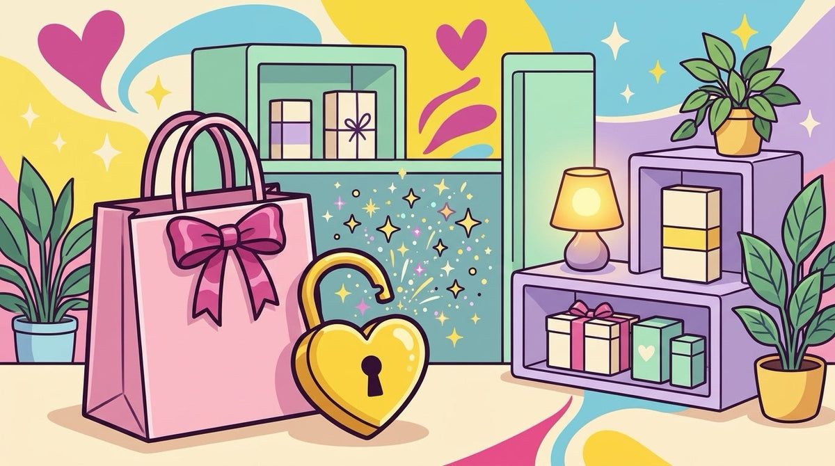 Ilustración de una bolsa de regalo discreta con un candado de corazón y destellos frente a la vitrina iluminada de una boutique sensual.