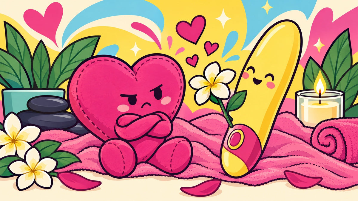 Ilustración de un corazón de peluche con los brazos cruzados al que un vibrador le ofrece una flor.