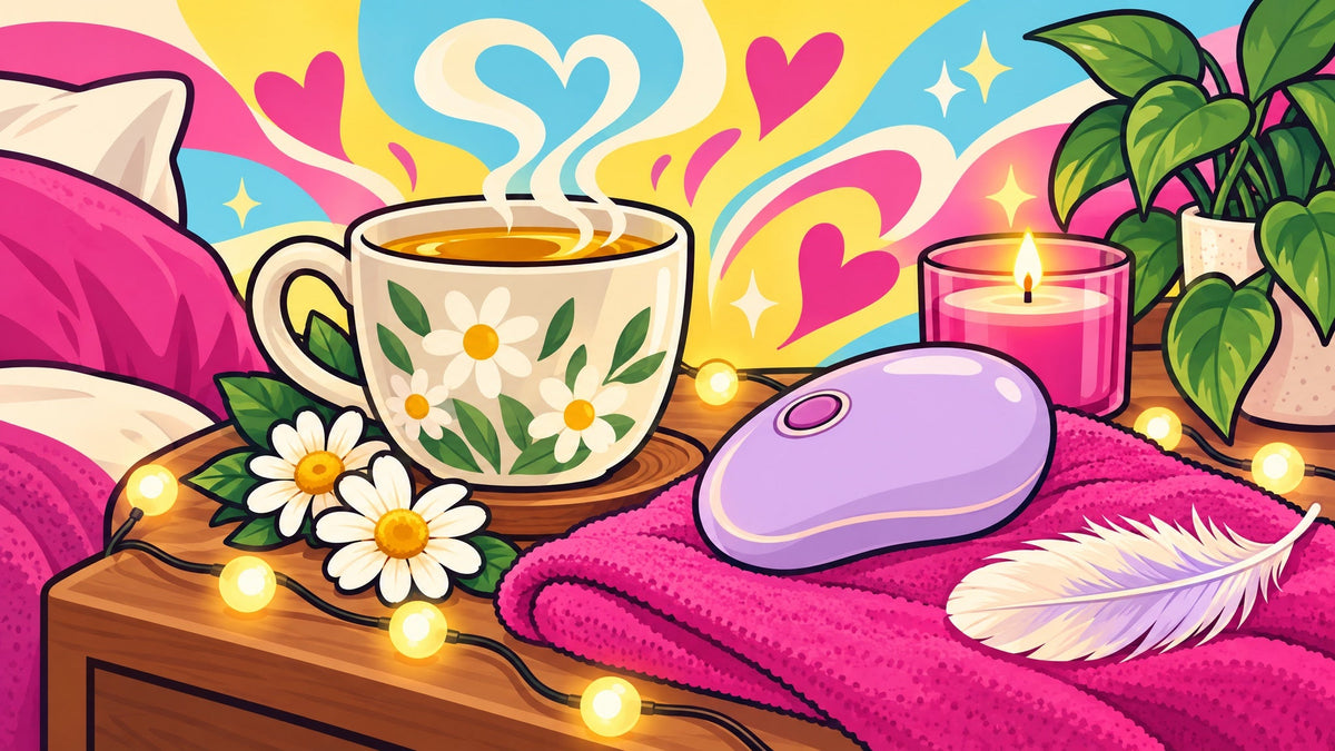 Ilustración editorial de un masajeador suave junto a una taza de té y destellos sobre una mesa de noche, sin personas.