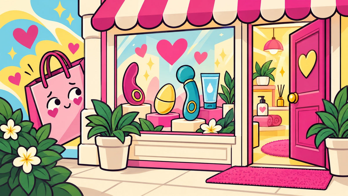 Ilustración de una bolsa de compras tímida que se asoma a la vitrina de una boutique con la puerta abierta.
