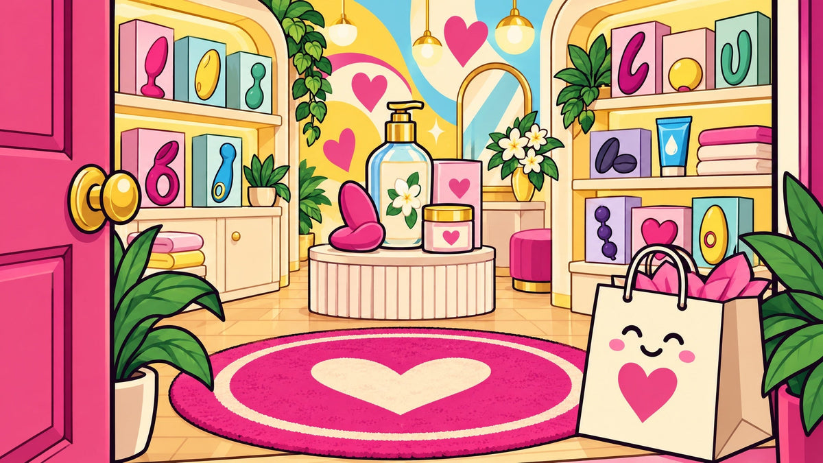 Ilustración del interior de una boutique sensual con estantes ordenados y una bolsa de compras en la entrada.