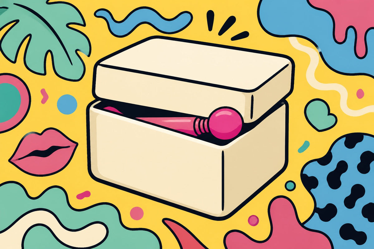 Ilustración gráfica de Privacidad al comprar en una sex shop: empaques discretos y seguridad, sin personas.