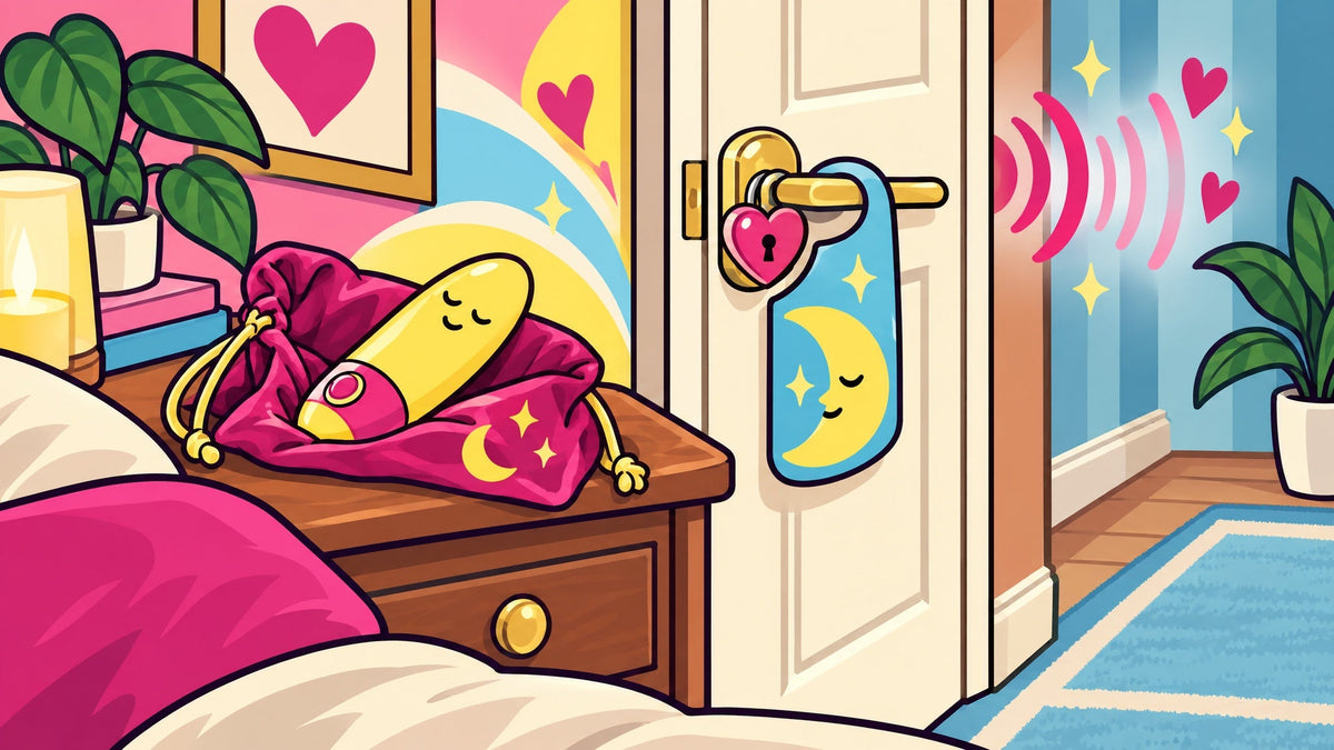 Ilustración de una puerta de habitación con candado de corazón y un juguete guardado en su bolsa de satín.