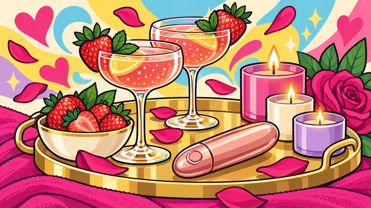 Ilustración de una bandeja romántica con copas elegantes, velas aromáticas y un juguete sensorial estilizado, sin personas.