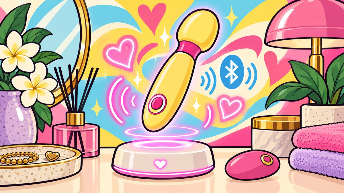 Ilustración de un vibrador moderno sobre una base tecnológica con ondas suaves y destellos de conexión, sin personas.