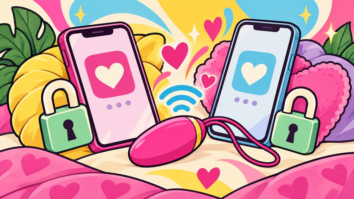 Ilustración de dos teléfonos estilizados sobre cojines con candados de seguridad, corazones y un juguete conectado, sin personas.