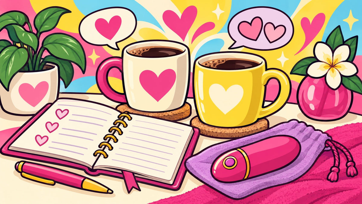 Ilustración de una mesa de café con dos tazas, una libreta de notas con corazones y un masajeador discreto, sin personas.