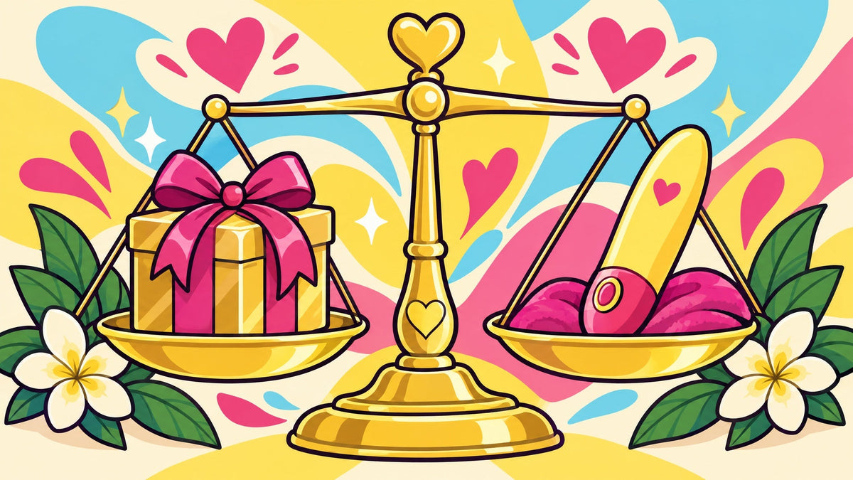 Ilustración de una balanza en equilibrio entre una caja de regalo dorada y un vibrador sencillo.