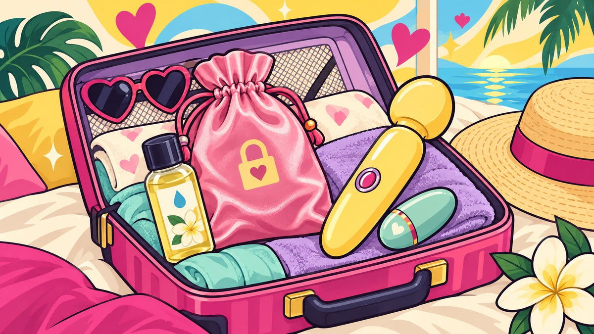 Ilustración de una maleta de viaje abierta con un estuche de satín discreto, un masajeador compacto y gafas de sol, sin personas.