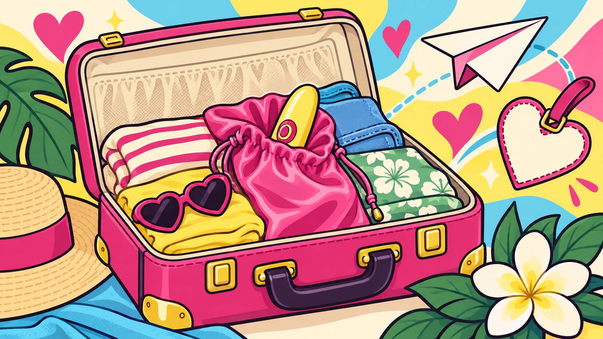 Ilustración de una maleta abierta con un juguete en su bolsa de satín entre la ropa y un avión de papel.