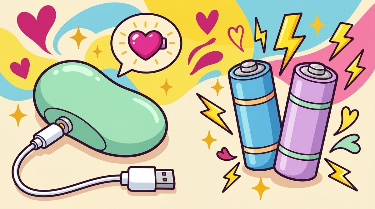 Ilustración de un vibrador con cable magnético USB y un icono de batería llena con corazón frente a pilas clásicas.