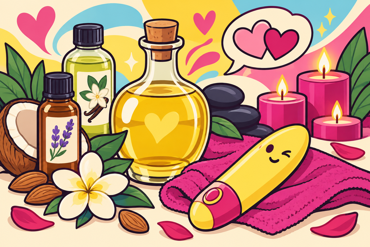 Ilustración editorial sobre aceites para masajes eróticos, cómo elegir base, aroma y velas