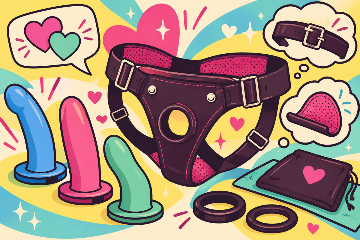 Ilustración editorial sobre cómo elegir un arnés para dildo, ajuste, correas y confort