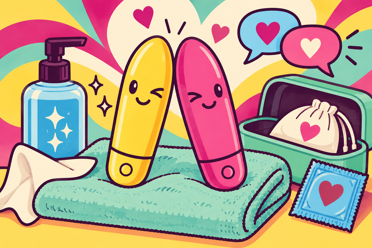 Ilustración editorial sobre cómo compartir juguetes sexuales con cuidado