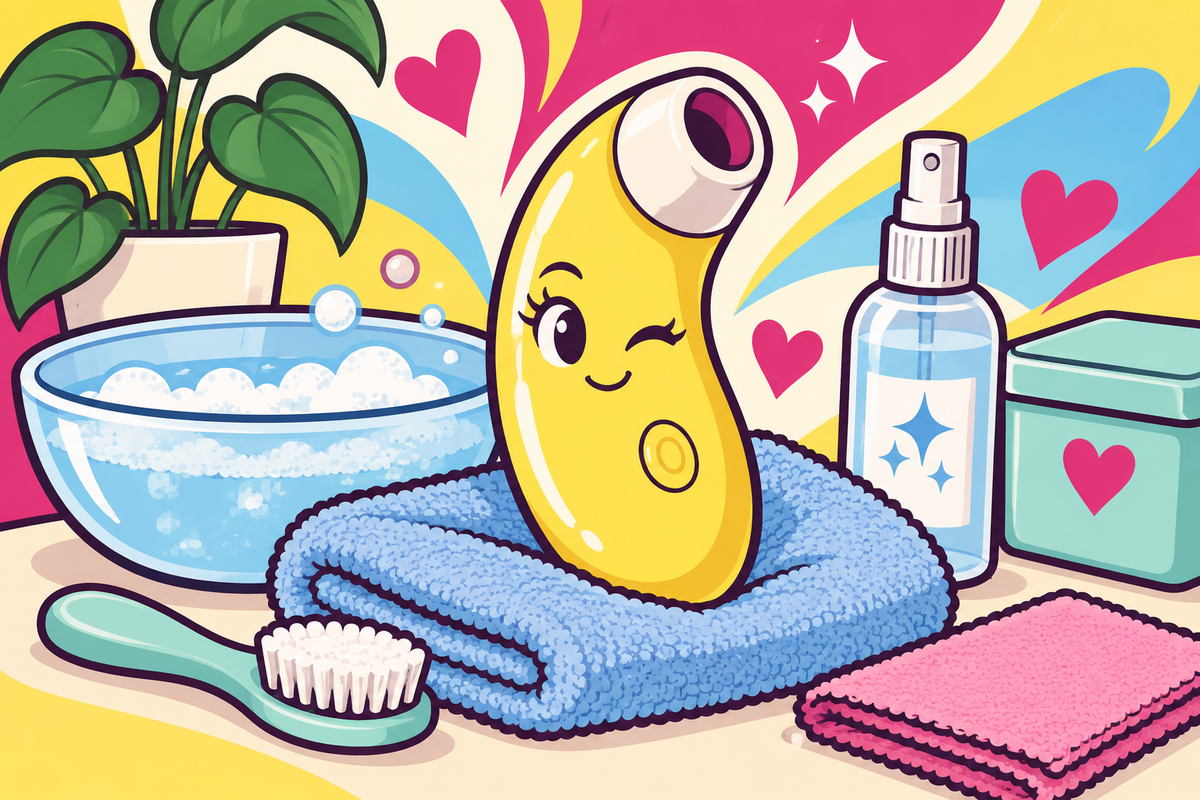 Ilustración editorial sobre cómo limpiar un succionador de clítoris: desinfección, secado y cuidado