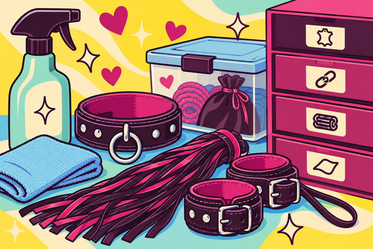 Ilustración editorial sobre cómo limpiar y guardar accesorios BDSM según el material