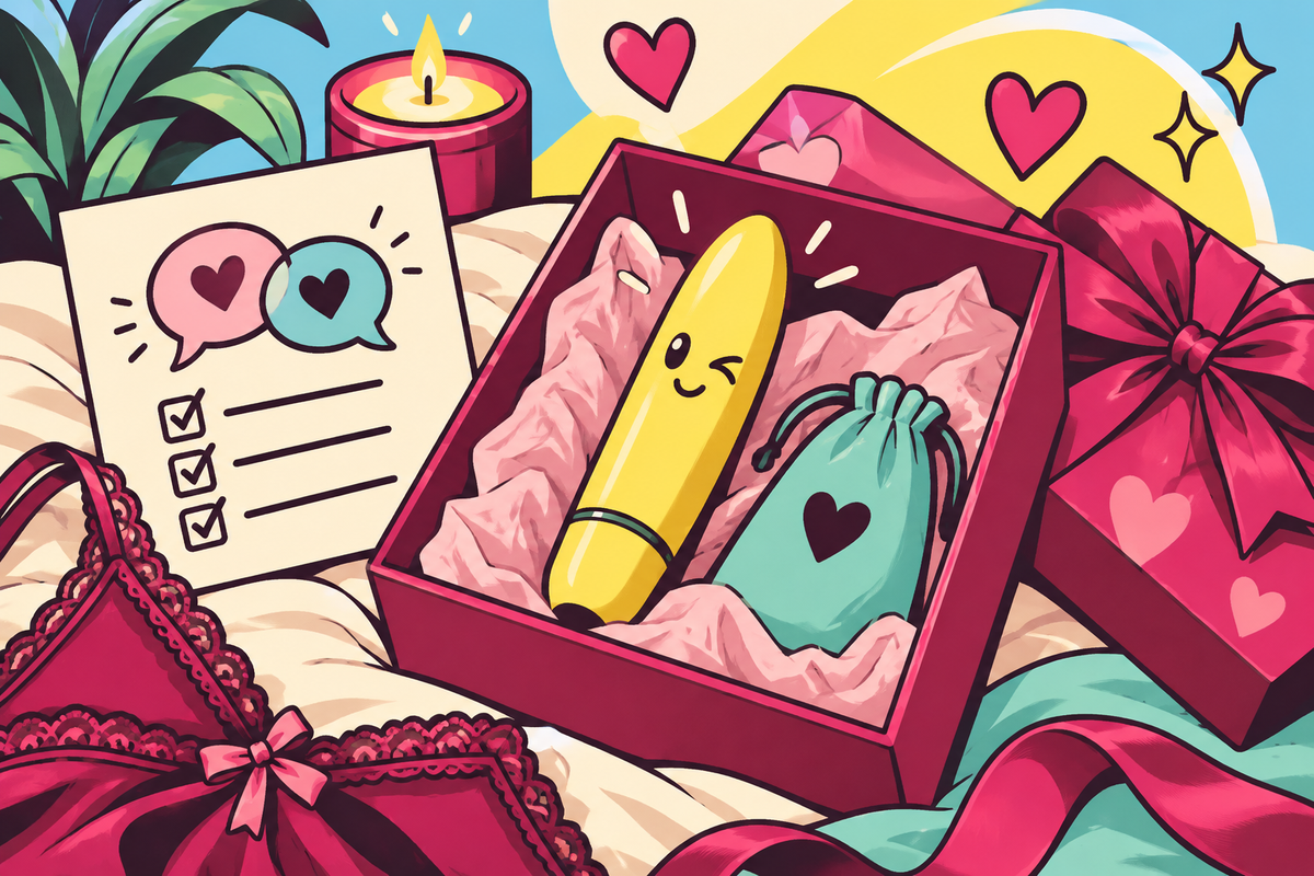 Ilustración editorial sobre cómo regalar un juguete sexual en pareja con tacto y sin sorpresas torpes