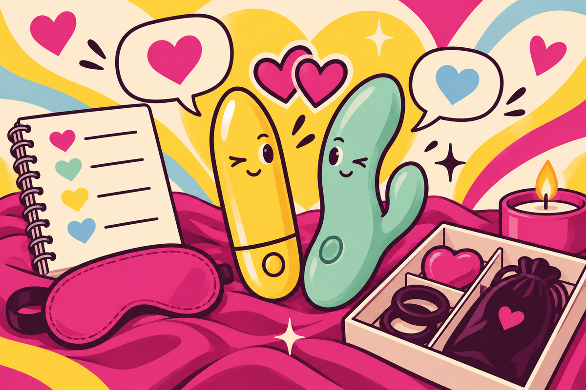 Ilustración editorial sobre consentimiento al usar juguetes en pareja: cómo pactarlo sin matar el ánimo