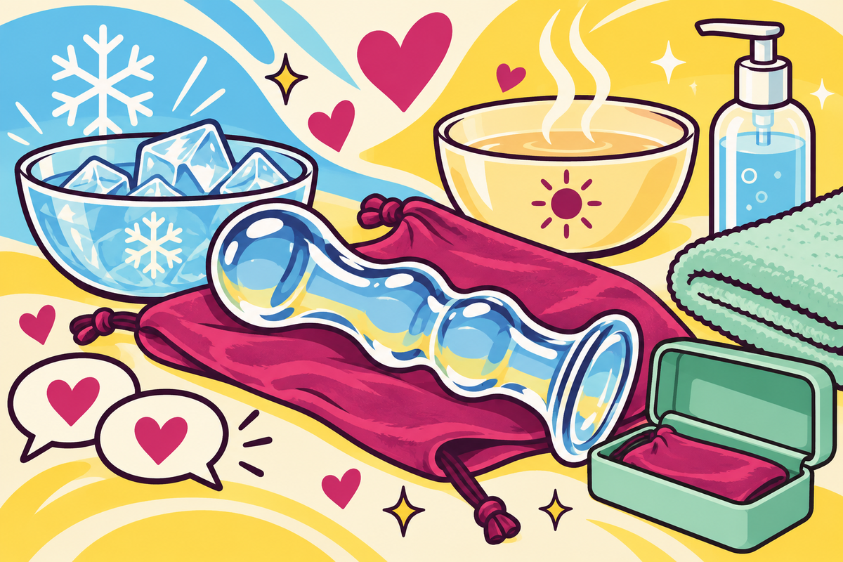 Ilustración editorial sobre dildos de vidrio: guía completa de uso, juego térmico y bioseguridad