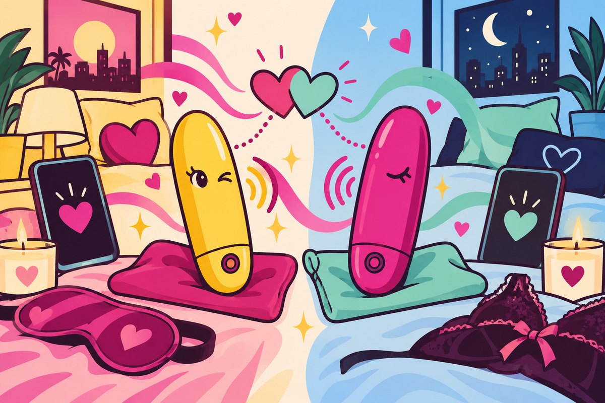 Ilustración editorial sobre juguetes para parejas a distancia, cómo armar una noche que sí se sienta cerca