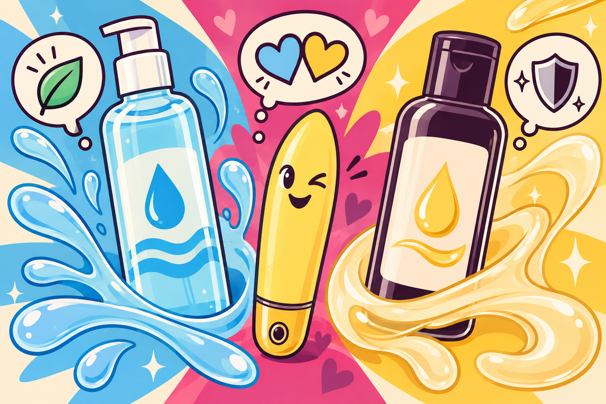 Ilustración editorial sobre lubricante a base de agua o silicona: diferencias, ventajas y cuál elegir