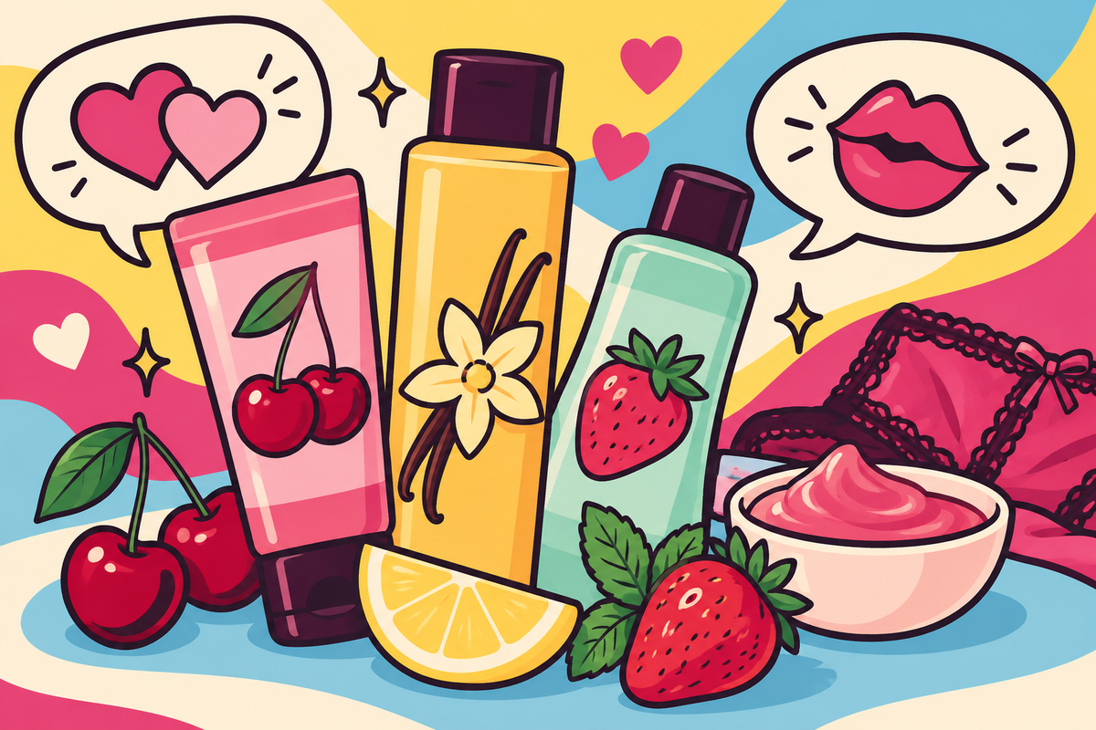 Ilustración editorial sobre lubricantes de sabores, cómo elegir uno y usarlo en el sexo oral