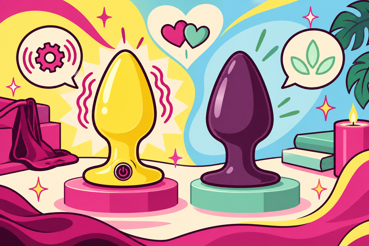 Ilustración editorial sobre plug anal vibrador o clásico: diferencias en estimulación, motores y usos
