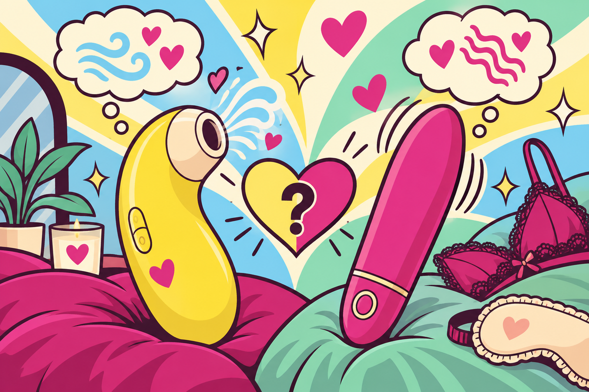 Ilustración editorial sobre succionador o vibrador, cuál se siente mejor para ti