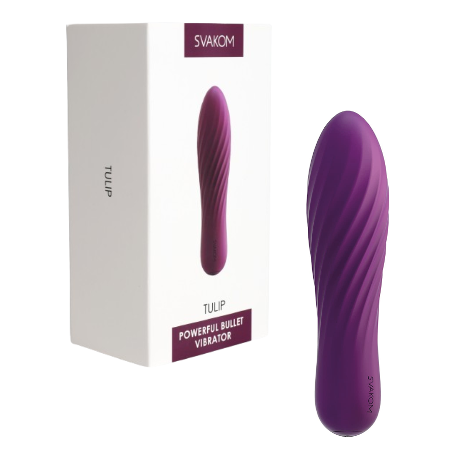Bala vibradora Tulip Svakom morada con su caja, incluida en el Kit Primer