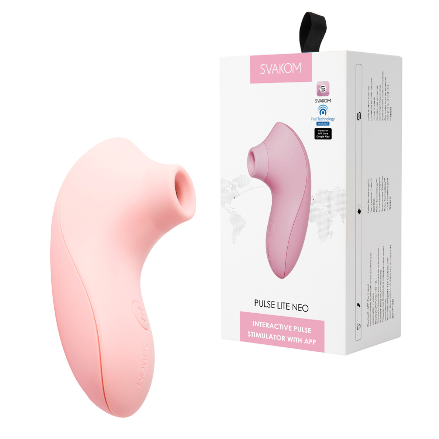 Succionador de clítoris Pulse Lite Neo Svakom rosado con su caja, incluido en el Kit Autoamor
