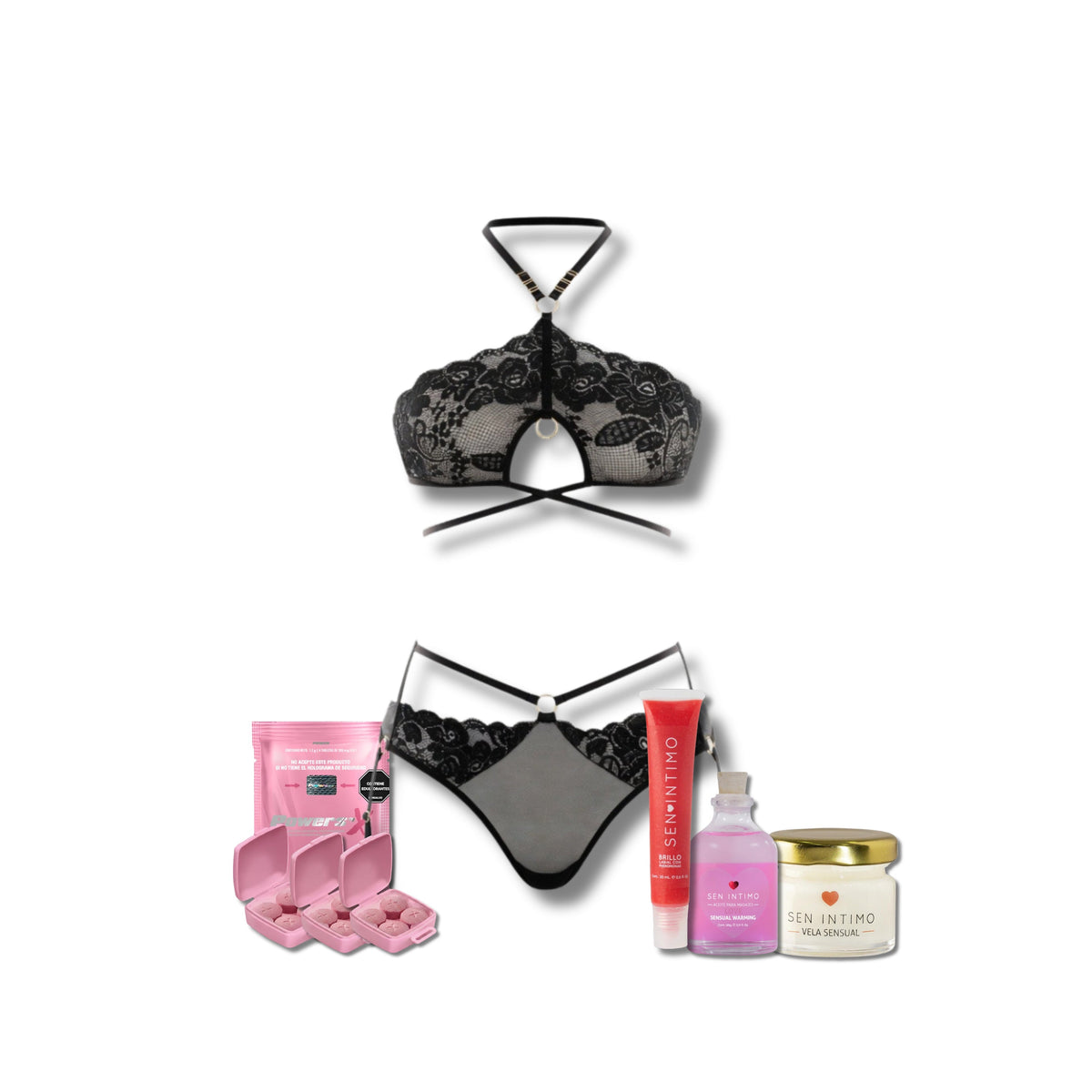 Kit Alexia: lencería en encaje, vigorizante y set de masajes