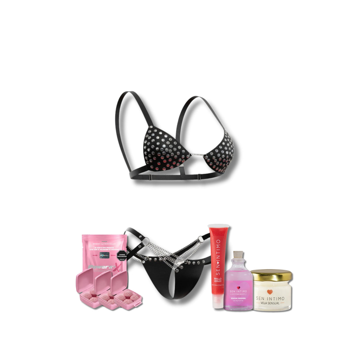 Kit Carla, lencería negra con vigorizante y set de masajes de regalo