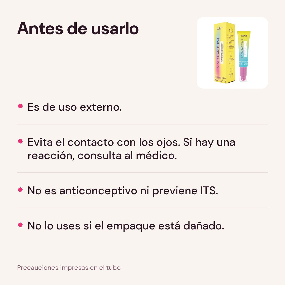 Precauciones del lubricante 5 Sensaciones Elixir