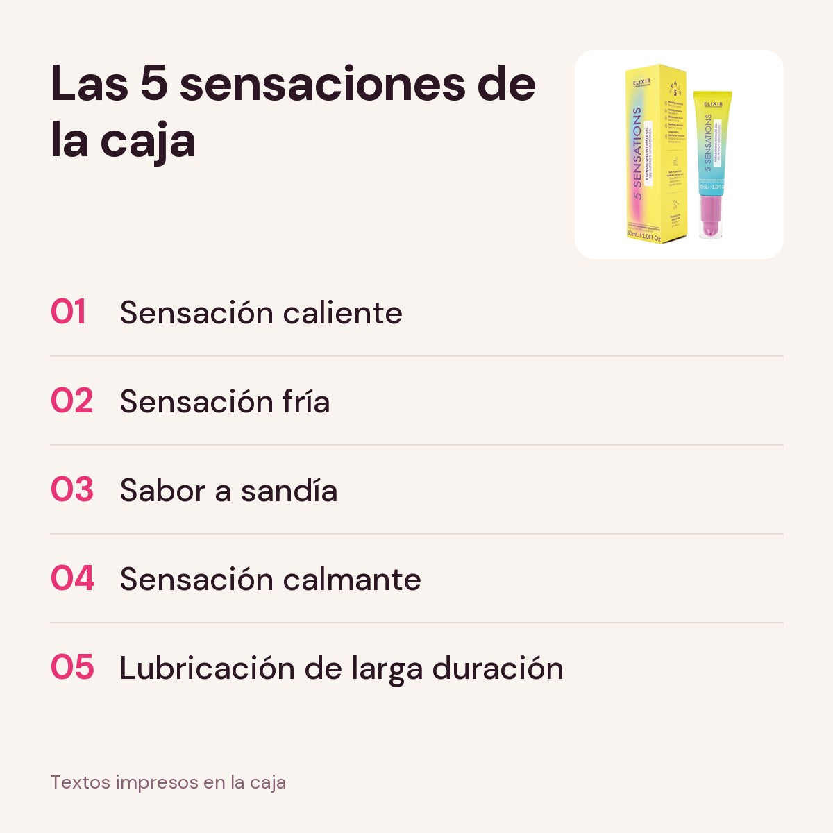 Las 5 sensaciones que nombra la caja del lubricante 5 Sensaciones Elixir