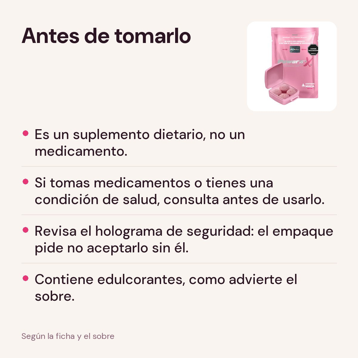 Antes de tomar el Vigorizante Femenino Power Sex: no es un medicamento, revisa el holograma de seguridad