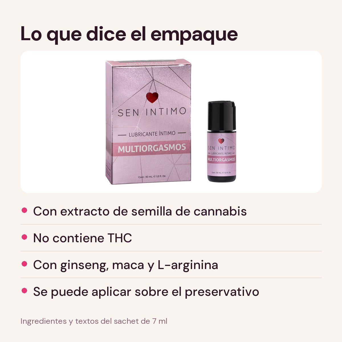 Lubricante Multiorgasmos Sen Intimo según el sachet: extracto de semilla de cannabis, sin THC