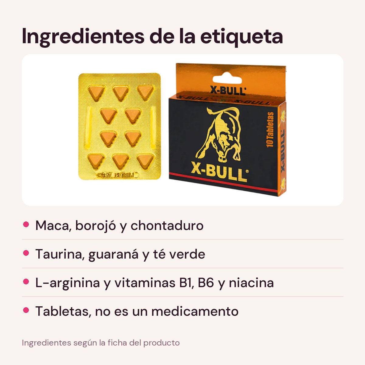 Ingredientes del Vigorizante Natural X-Bull según la etiqueta: maca, borojó, chontaduro, taurina, guaraná, té verde, L-arginina y vitaminas