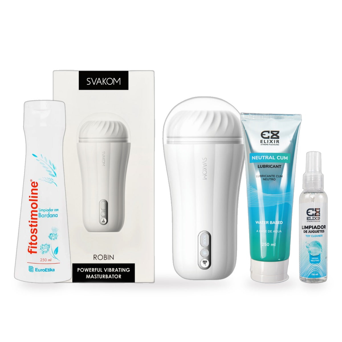 Ritual Él Premium: masturbador Robin Svakom, lubricante y limpiadores